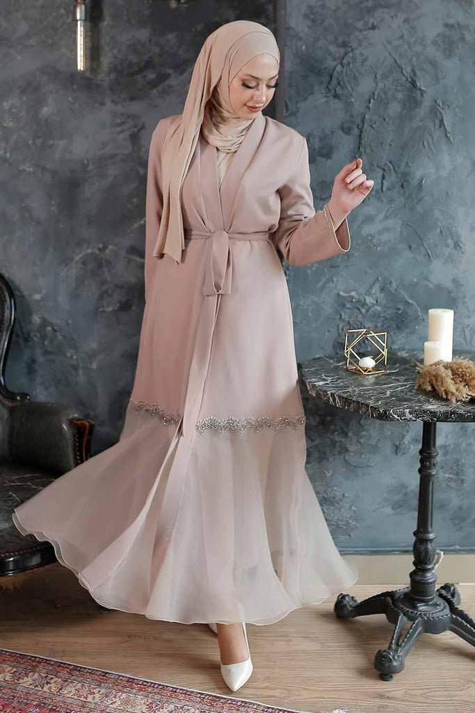 Marwa Beige Patterned Kimono Abaya - Croyance London