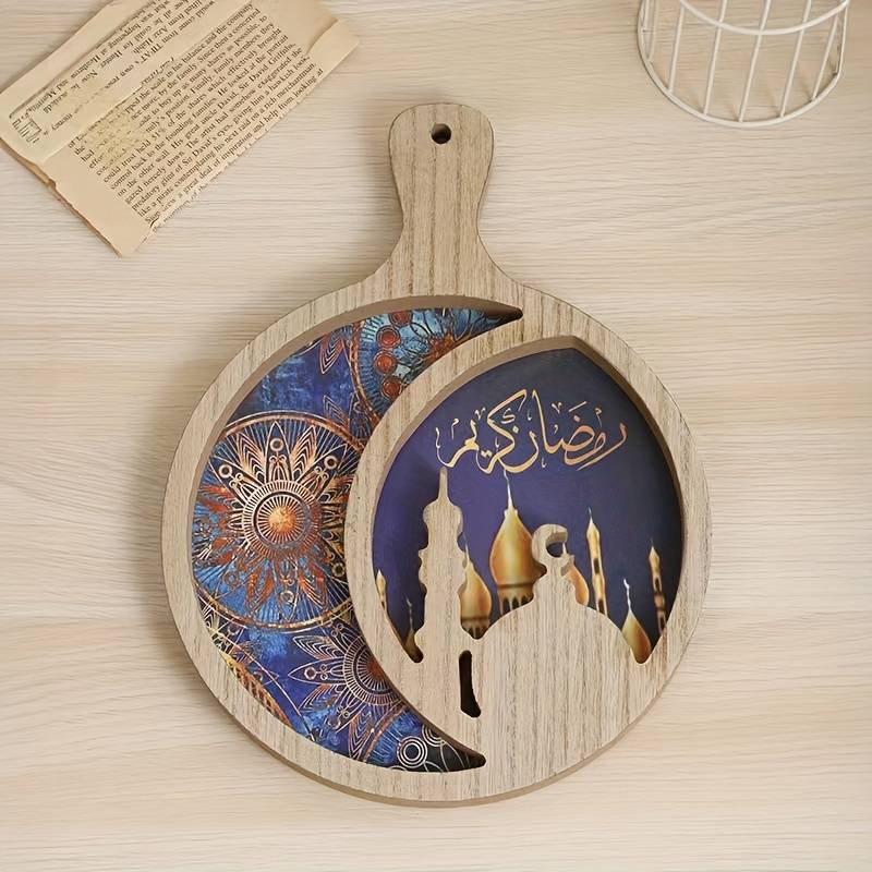 <p><span>Make your Eid celebrations memorable with our exquisite crescent moon and star food serving tray. This beautifully crafted tray, measuring 24cm x 32cm is perfect for your upcoming Ramadan iftar gatherings or Eid festivities. </span></p> <p><span>The tray is made of natural splinter-free wood, ensuring durability and safety.</span></p>