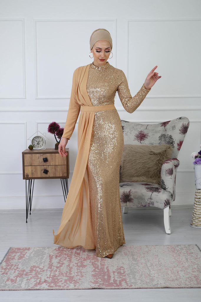Madelyn Sequinned Gold Evening Dress - Croyance London